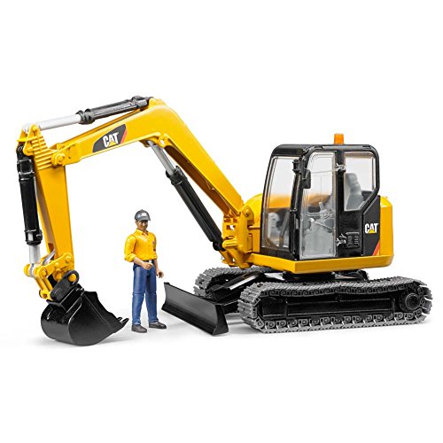 Bruder CAT Mini Excavator Construction Digger Toy with Worker, 1:16 Scale, Realistic Working Parts