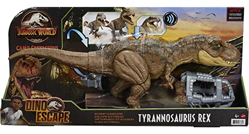 Jurassic World Stomp ‘N Escape Tyrannosaurus Rex Figure Camp Cretaceous Dinosaur Escape Toy with Stomping Movements, Movable Joints, Authentic Deco