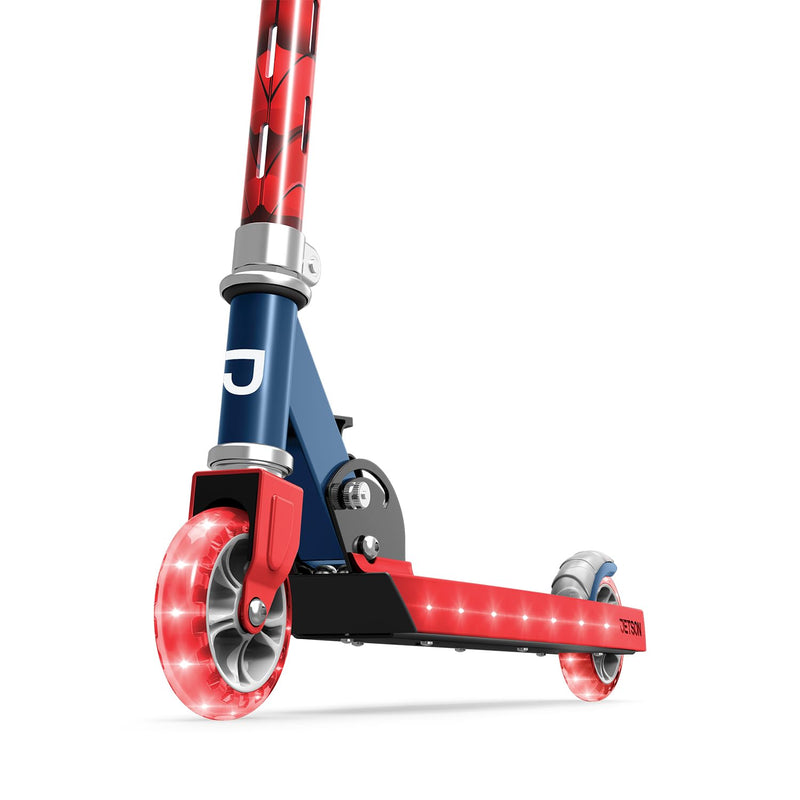 Jetson Marvel Spider-Man 2-Wheel Light-Up Kids Kick Scooter, LED Lights on Handlebar, Stem, Wheels & Deck, Adjustable Handlebar, Rear Brake, Lightweight, Easy-Fold Mechanism, Ages 5+, JSPMN-2KIK