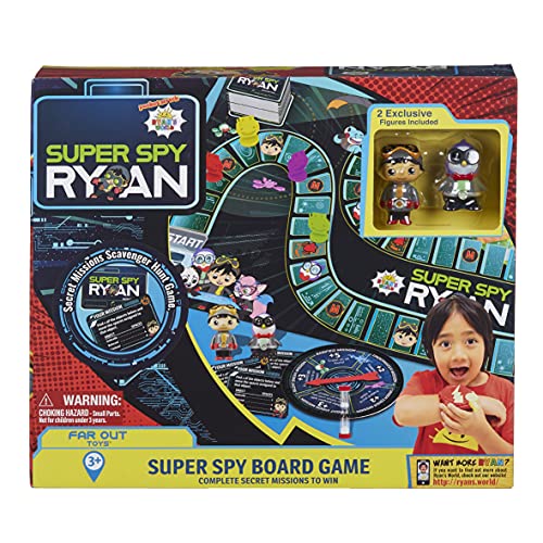 Ryan’s World Super Spy Board Game, Mission Scavenger Hunt to Pack Rat’s Secret Lair, Adventure, Exploration, Mystery, 2 Exclusive Rare Collectible Micro Figures, 70 Mission Cards