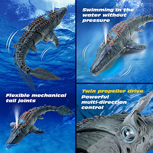 Remote Control Dinosaur Toys for Kids, Mosasaurus Diving Toys RC Boat with Light and Spray Water for Swimming Pool Lake Bathroom Ocean Protector Bath Toys