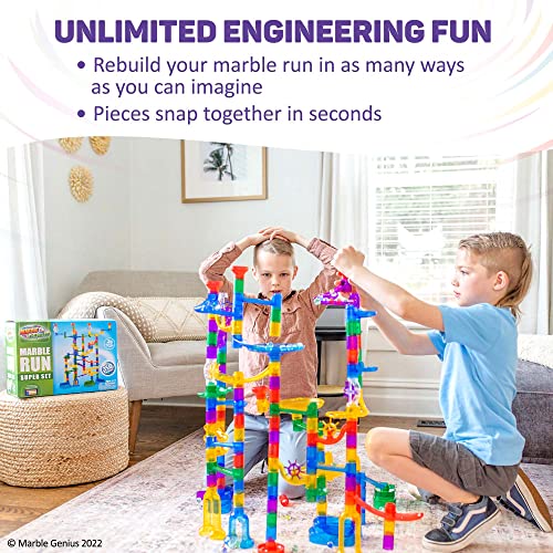 Marble Genius Marble Run (150 Complete Pieces) Maze Track or Building Toys for Kids Ages 4-8, for Adults, Teens, and Toddlers, (85 Translucent Marbulous Pieces + 65 Glass-Marble Set), Super Set