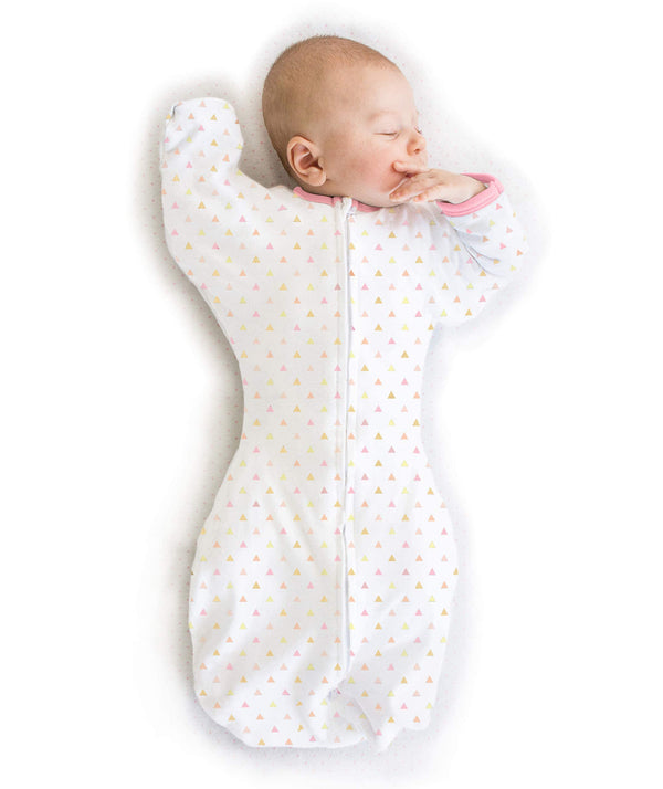 SwaddleDesigns Transitional Swaddle Sack with Arms Up Half-Length Sleeves and Mitten Cuffs, Tiny Triangles, Pink, Medium, 3-6mo, 14-21 lbs