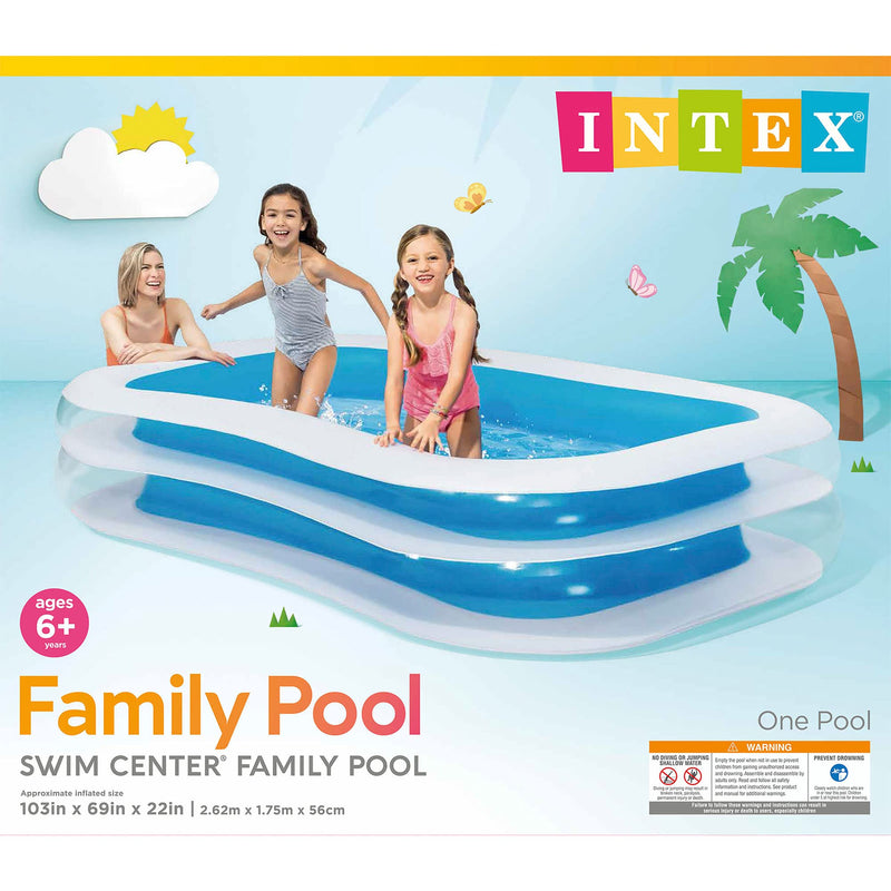 Intex 56483EP Inflatable 8.5' x 5.75' Swim Center Family Pool for 2-3 Kids, Backyard Splash Pool for Children 6+ Years Old, 198-Gallons, Blue & White