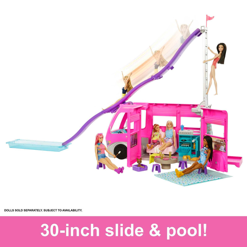 Barbie Camper Playset, DreamCamper Toy Vehicle with 60 Doll-Sized Accessories Including Furniture, Pool & 30-inch Slide