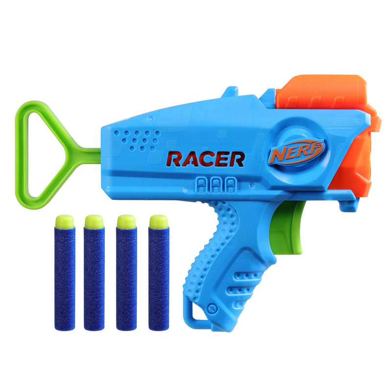 NERF Elite Junior Racer Easy Play Dart Blaster, 4 Nerf Elite Darts, Nerf Blaster Outdoor Toys for 6 Year Old Boys & Girls & Up