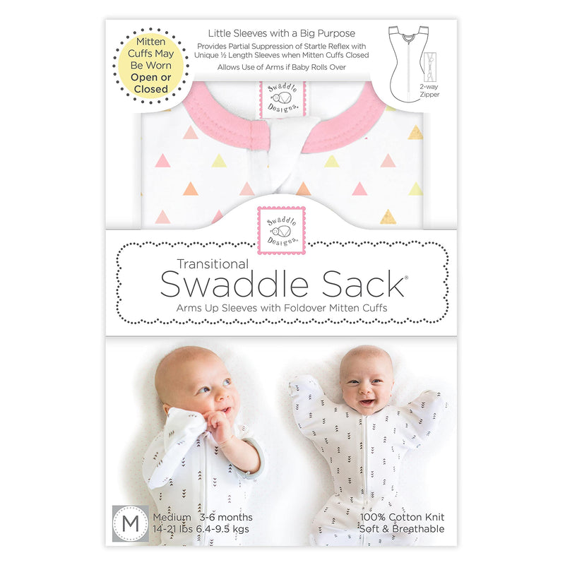 SwaddleDesigns Transitional Swaddle Sack with Arms Up Half-Length Sleeves and Mitten Cuffs, Tiny Triangles, Pink, Medium, 3-6mo, 14-21 lbs (Better Sleep for Baby Girls, Easy Swaddle Transition)