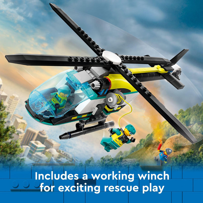 LEGO City Emergency Rescue Helicopter, Toy Aircraft Playset for Kids, Fun Gift for Boys and Girls Aged 6 Plus, Hiker, Rescuer, and Pilot Minifigures, Chopper with Winch and Spinnable Rotors, 60405