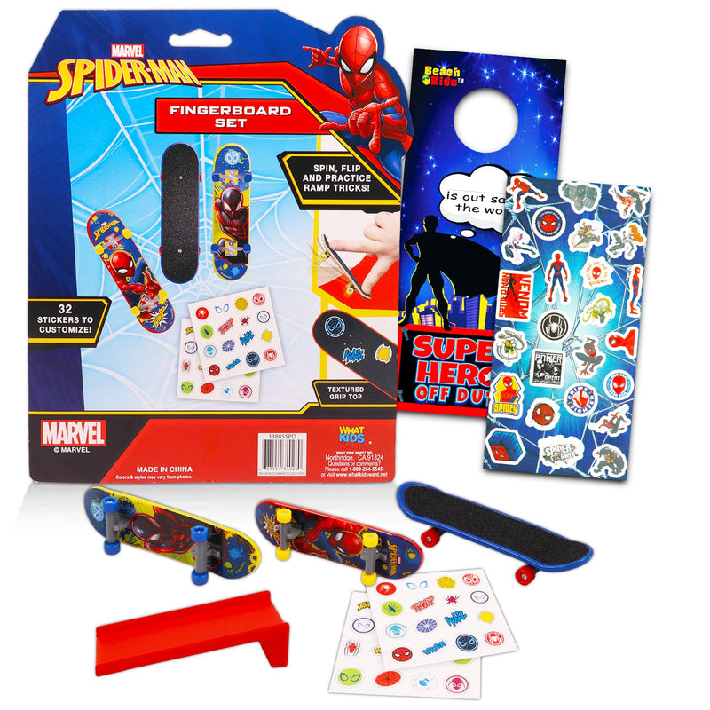 Marvel Spiderman Fingerboard Toy Set ~ 3 Pc Bundle with Marvel Spiderman Finger Skateboard for Kids, Spiderman Stickers