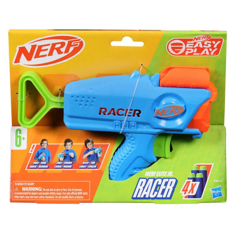 NERF Elite Junior Racer Easy Play Dart Blaster, 4 Nerf Elite Darts, Nerf Blaster Outdoor Toys for 6 Year Old Boys & Girls & Up