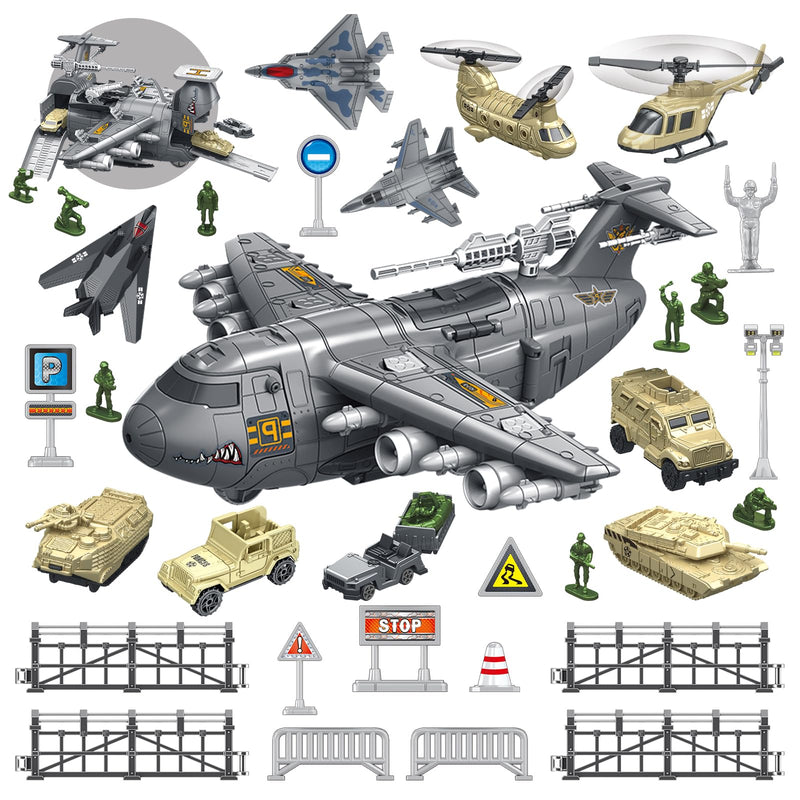 Military Airplane Toy for Kid - 2-in-1 Airplane Playset for Ages 5-7 3-6 Boy, Fighter Jet with 6 Truck Vehicle, 5 Helicopter, Army Men, Car Kit for 4 5 6 7 8 Years Old Child Birthday