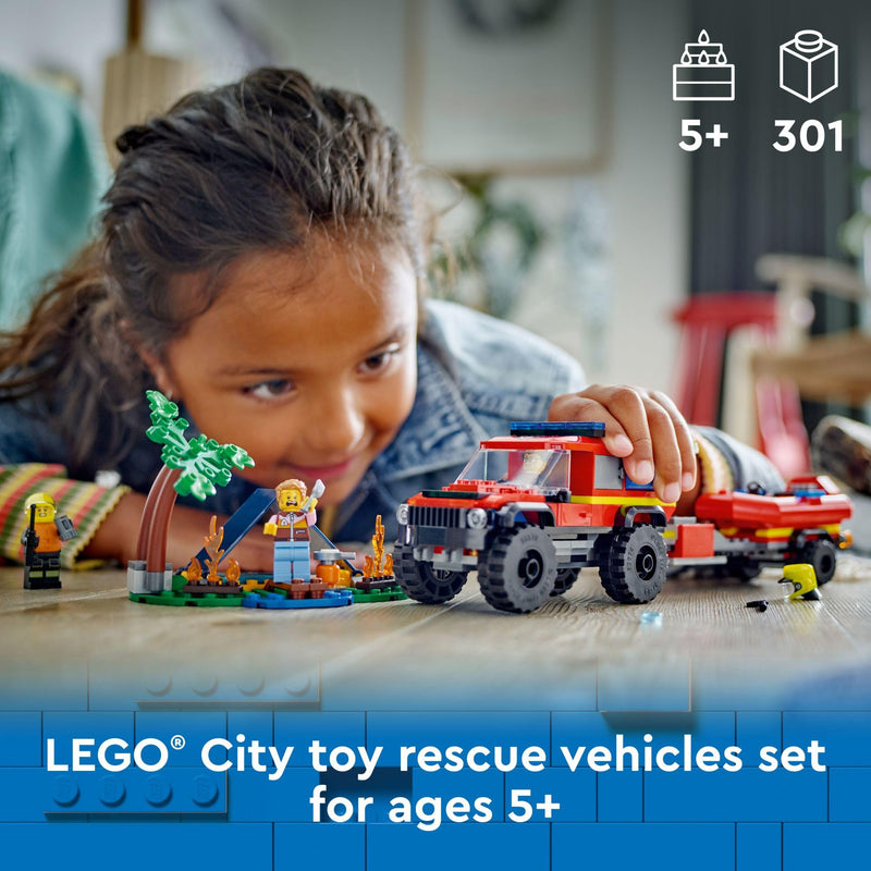 LEGO City 4x4 Fire Truck with Rescue Boat Toy for Kids Ages 5 and Up, Pretend Play Toy for Boys and Girls with a Truck Toy, Trailer, Dinghy and Tent, Plus 1 Camper and 2 Firefighter Minifigures, 60412