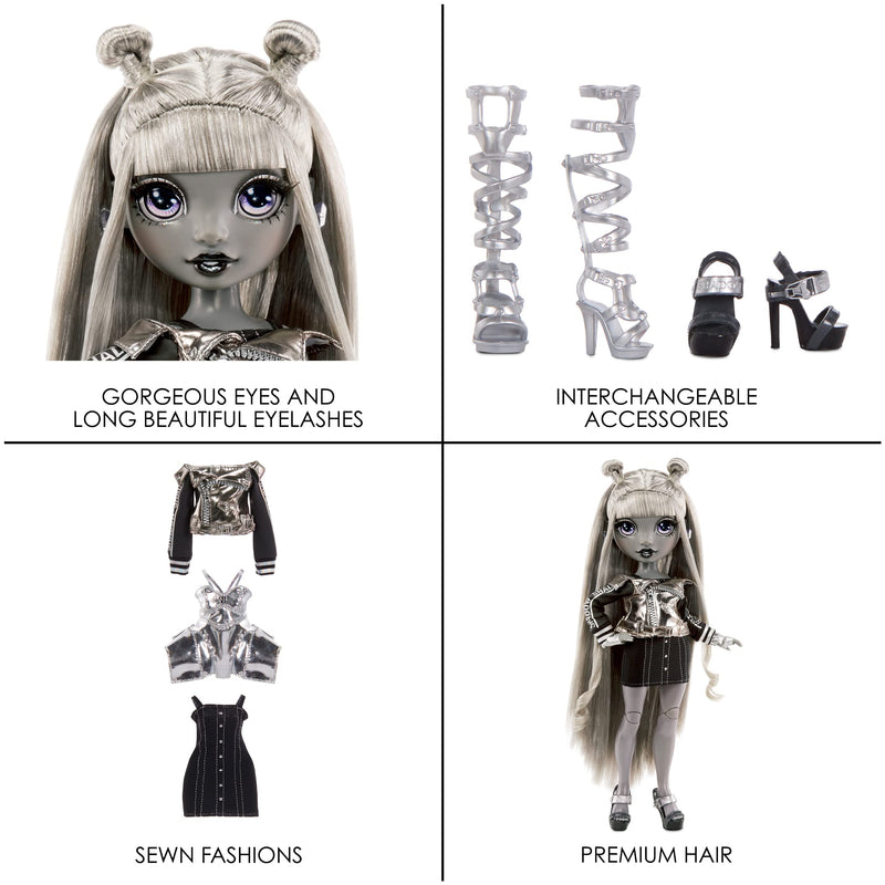 Rainbow High Shadow Series 1 Luna Madison- Grayscale Fashion Doll. 2 Metallic Grey Designer Outfits to Mix & Match