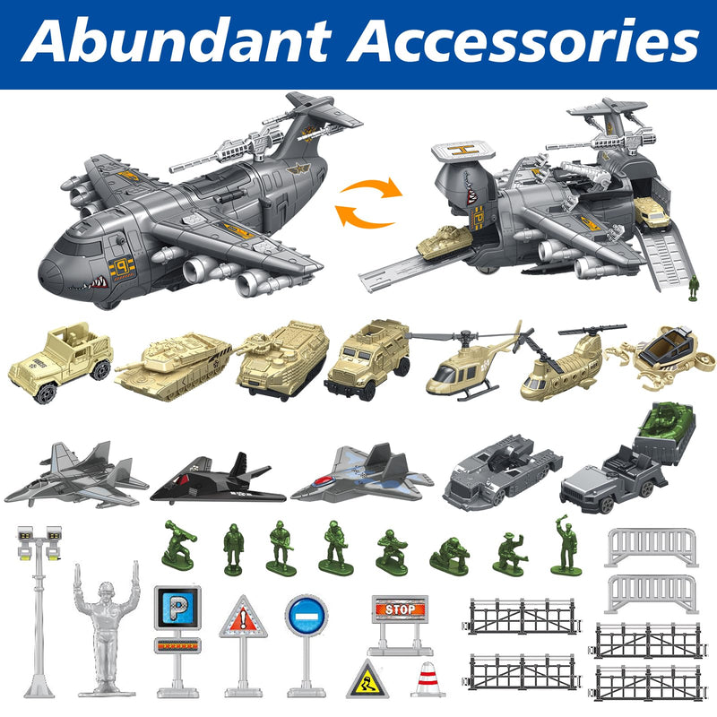 Military Airplane Toy for Kid - 2-in-1 Airplane Playset for Ages 5-7 3-6 Boy, Fighter Jet with 6 Truck Vehicle, 5 Helicopter, Army Men, Car Kit for 4 5 6 7 8 Years Old Child Birthday