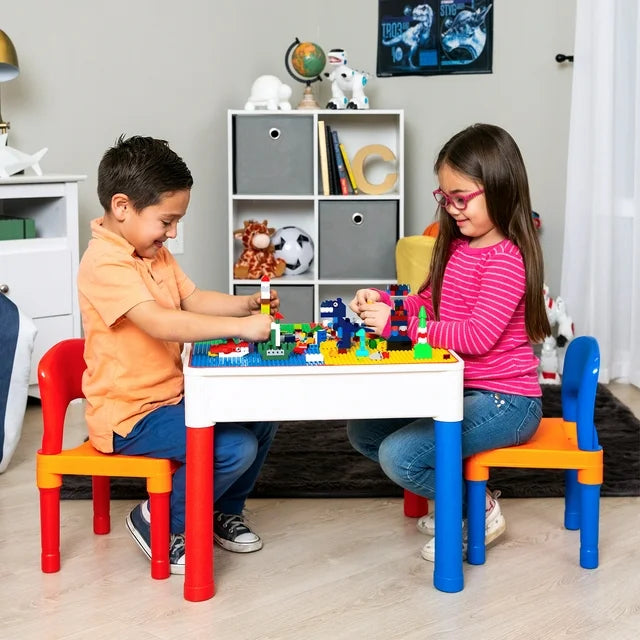 Kids Activity Table and 2 Chairs Building Block Table, Play & Arts & Crafts Table, with Storage Space