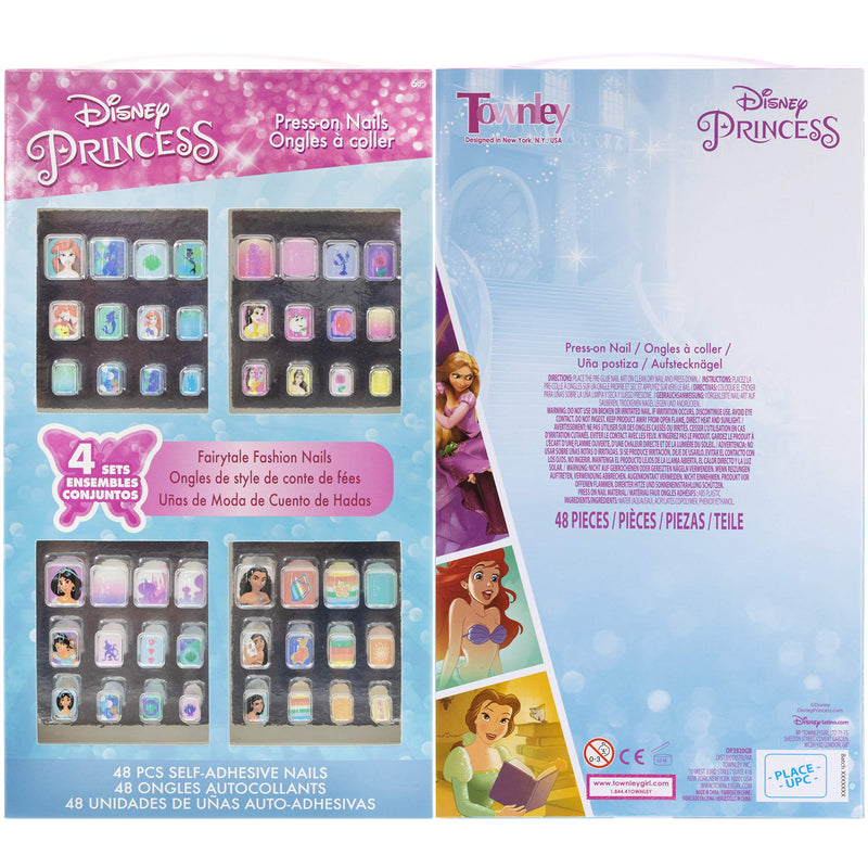 Townley Girl Disney Princess 48 Pcs Press-On Nails Artificial False Nails Set for Girls, Kids with Pre-Glue Full Cover Acrylic Nail Tip Kit, Ages 6+