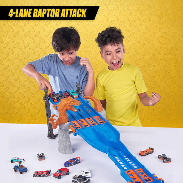 Metal Machines 4-Lane Raptor Attack Track Set Playset with Mini Racing Car by ZURU Cars Play Set Compatible with Other Brands Assorted