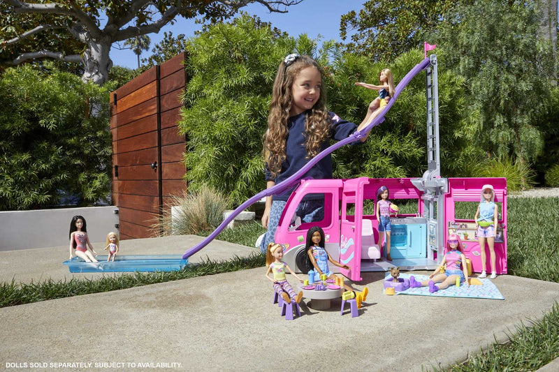 Barbie Camper Playset, DreamCamper Toy Vehicle with 60 Doll-Sized Accessories Including Furniture, Pool & 30-inch Slide