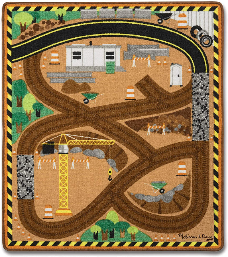 Melissa & Doug Round the Construction Zone Work Site Rug With 3 Wooden Trucks - sctoyswholesale