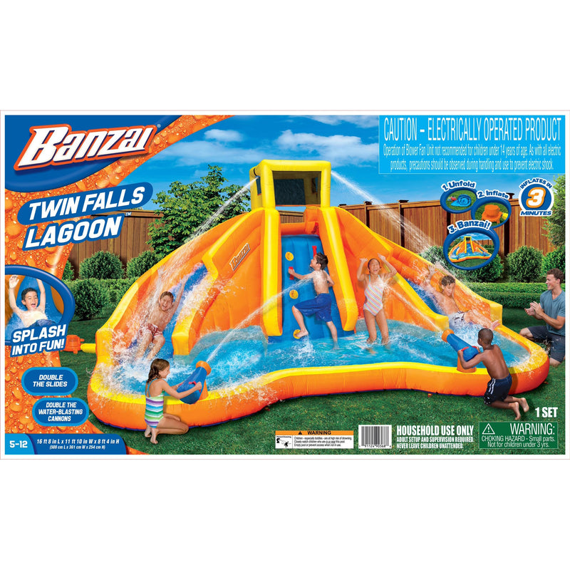 BANZAI Twin Falls Lagoon Giant Inflatable Water Park Bounce House - Two Water Slides & Climbing Wall - Outdoor Summer Fun For Kids & Families - sctoyswholesale