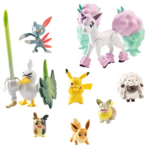 Pokémon Battle Ready! Figure Set Toy, 8 Pieces - Includes 4.5" Ponyta & 2" Pikachu, Eevee, Wooloo, Sneasel, Yamper, Sirfetch'd & Morpeko - Gift for Kids, Boys & Girls - Ages 4+