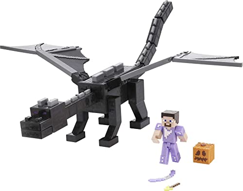 Minecraft Ultimate Ender Dragon Figure, 20-in Mist-Breathing Creature, Plus 3.25-in Color-Change Steve Figure, Weapon, Amor and Battle Accessory