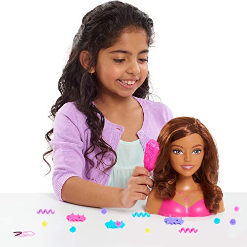Barbie Fashionistas 8-Inch Styling Head, Brown Hair, 20 Pieces Include Styling Accessories, Hair Styling for Kids, by Just Play,Multi-color