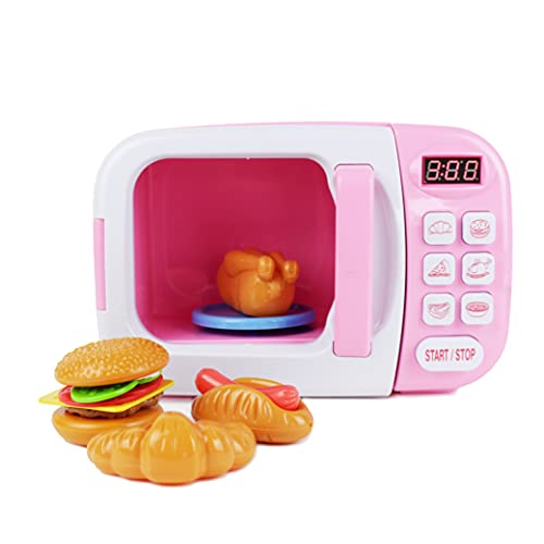 Boley Pink Microwave Playset - 11 Pc Light & Sound Pretend Play Kitchen Toys Set with Play Food for Kids Ages 3+