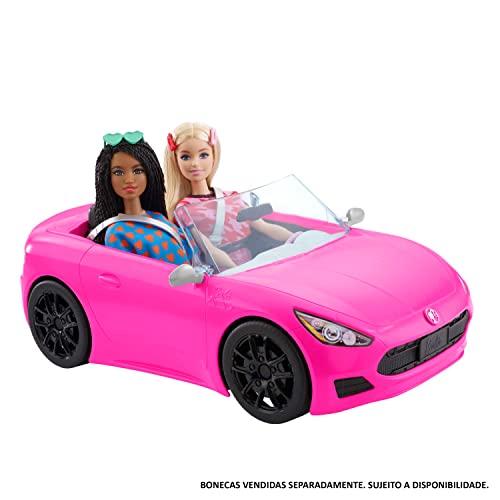 Barbie Toy Car, Bright Pink 2-Seater Convertible with Seatbelts and Rolling Wheels, Realistic Details