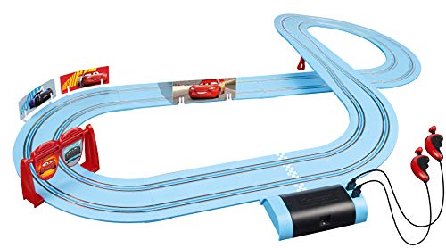 Carrera First Disney/Pixar Cars - Slot Car Race Track - Includes 2 Cars: Lightning McQueen and Jackson Storm - Battery-Powered Beginner Racing Set for Kids Ages 3 Years and Up, Blue/Red/Navy