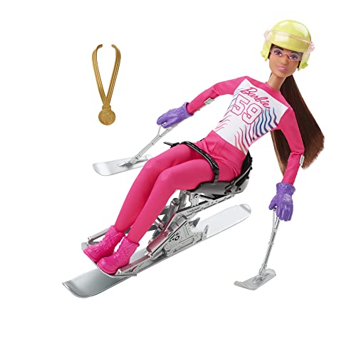 Barbie Winter Sports para Alpine Skier Brunette Doll  with Shirt, Pants, Helmet, Gloves, Pole, Sit Ski & Trophy