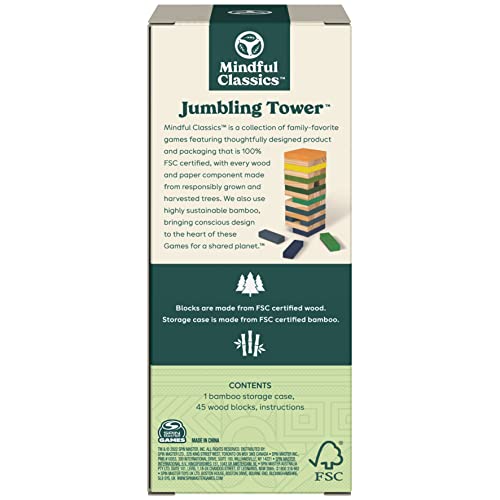 Spin Master Games Mindful Classics, Jumbling Tower Sustainable Wooden Blocks Tumbling Toppling Bamboo Wood Party Stacking Game, for Adults and Kids Ages 8 and up