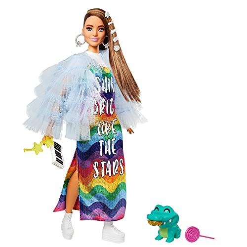 Barbie Extra Doll #9 in Blue Ruffled Jacket with Pet Crocodile, Long Brunette Hair - sctoyswholesale