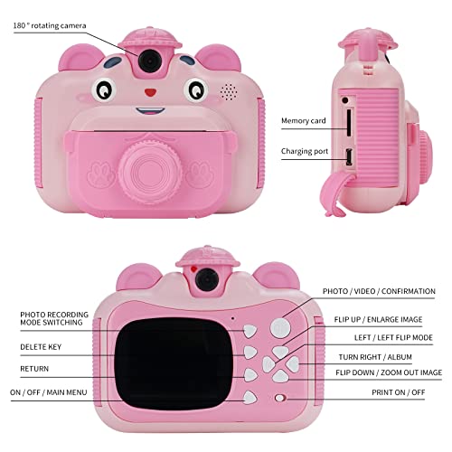 Instant Print Digital Kids Camera,Selfie 1080P Video Camera for Kid with 180° Rotating Len,32GB TF Card,Print Paper,Color Pens Set,Rechargeable Toy Camera for 3-12 Years Old Girls Boys Birthday (Pink)