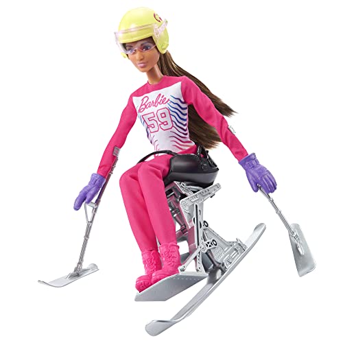 Barbie Winter Sports para Alpine Skier Brunette Doll (12 in) with Shirt, Pants, Helmet, Gloves, Pole, Sit Ski & Trophy, Great Gift for Ages 3 and Up