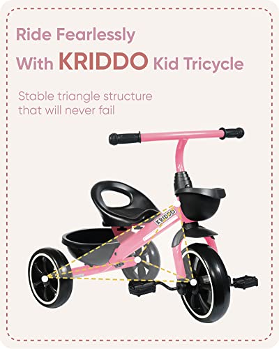 KRIDDO Kids Tricycles Age 24 Month to 4 Years,Gift Toddler Trike for 2.5 to 5/ 2-4 Year Olds, Pink