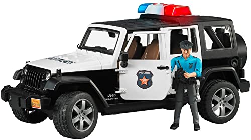 Bruder Toys - Emergency Realistic Jeep Wrangler Unlimited Rubicon Police Vehicle with Light Skintoned Policeman and Light and Sound Module with 4 Different Sounds - Ages 4+