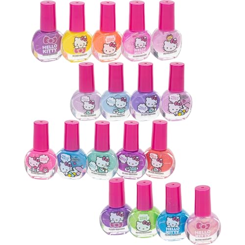 Hello Kitty Non-Toxic Water-Based Peel-Off Nail Polish Set with Glittery, Shimmery & Opaque Colors for Girl Kids Ages 3+, Perfect for Parties, Sleepovers & Makeovers, 18 Pcs