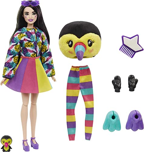 Barbie Cutie Reveal Fashion Doll, Jungle Series Toucan Plush Costume, 10 Surprises Including Mini Pet & Color Change