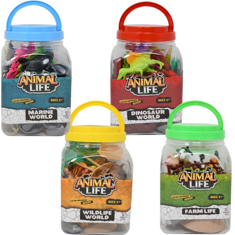 Animal Life 55 Pc Set Animals in a Jar 4 Assorted. Dino, Ocean, Animals and Farm ( 1 pack)