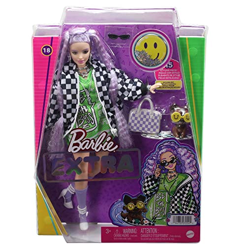 Barbie Doll and Accessories, Barbie Extra Fashion Doll with Crimped Lavender Hair and Checkered Jacket