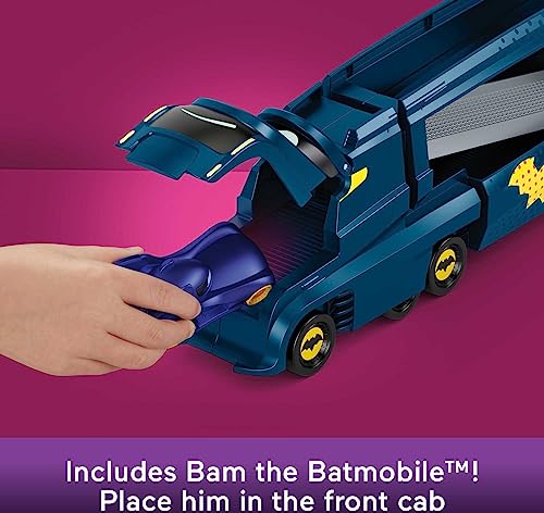 Fisher-Price DC Batwheels Toy Hauler and Car, Bat-Big Rig with Ramp and Bam The Batmobile 1:55 Scale Diecast Toy Vehicle, Ages 3+ Years