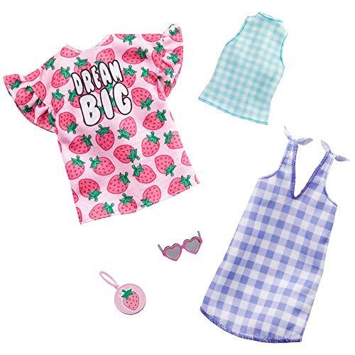 Barbie Clothes: 2 Outfits Doll Include A Strawberry-Print Dress, A Checked Dress and Top, Plus A Strawberry-Decorated Purse and Heart-Shaped Sunglasses - sctoyswholesale
