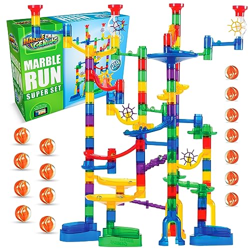 Marble Genius Marble Run (150 Complete Pieces) Maze Track or Building Toys for Kids Ages 4-8, for Adults, Teens, and Toddlers, (85 Translucent Marbulous Pieces + 65 Glass-Marble Set), Super Set