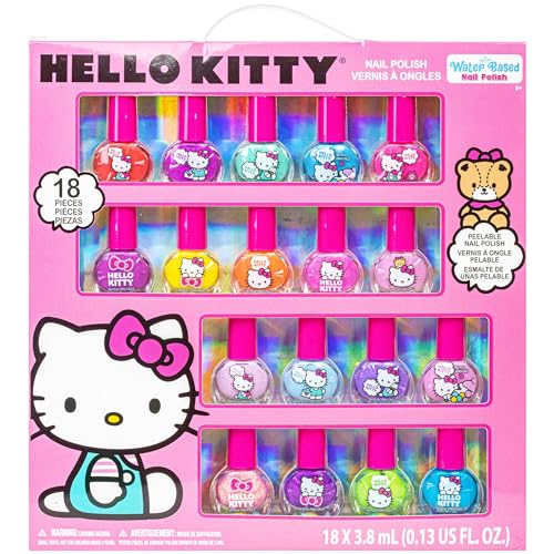 Hello Kitty Non-Toxic Water-Based Peel-Off Nail Polish Set with Glittery, Shimmery & Opaque Colors for Girl Kids Ages 3+, Perfect for Parties, Sleepovers & Makeovers, 18 Pcs