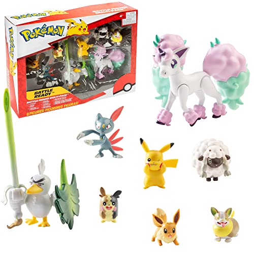 Pokémon Battle Ready! Figure Set Toy, 8 Pieces - Includes 4.5" Ponyta & 2" Pikachu, Eevee, Wooloo, Sneasel, Yamper, Sirfetch'd & Morpeko - Gift for Kids, Boys & Girls - Ages 4+