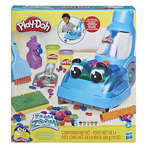 Play-Doh Zoom Zoom Vacuum and Cleanup Toy, Kids Vacuum Cleaner with 5 Cans, Cleaning Toys for 3 Year Old Girls and Boys and Up, Non-Toxic