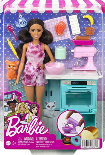 Barbie Doll & Kitchen Playset Doll (~10.5 in Brunette, Petite), Oven, Spinning Mixer, Pet Kitten & Baking Accessories, Gift for 3 to 7 Year Olds - sctoyswholesale
