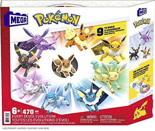 MEGA Pokemon Action Figure Building Toys for Kids, Every Eevee Evolution with 470 Pieces, 9 Poseable Characters, Gift Idea