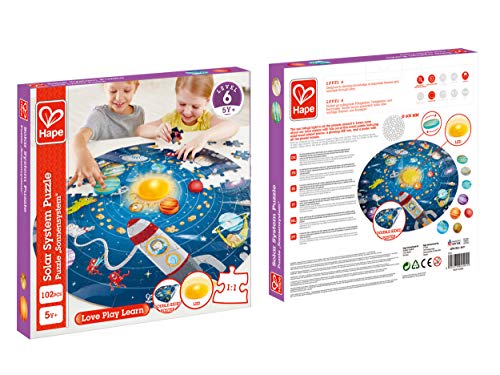 Hape Solar System Puzzle | Round Solar System Puzzle Toy for Kids, Exploratory Skills, Solid Wood Pieces and A Glowing LED Sun L: 22.6, W: -, H: 22.6 inch For 5+ Years